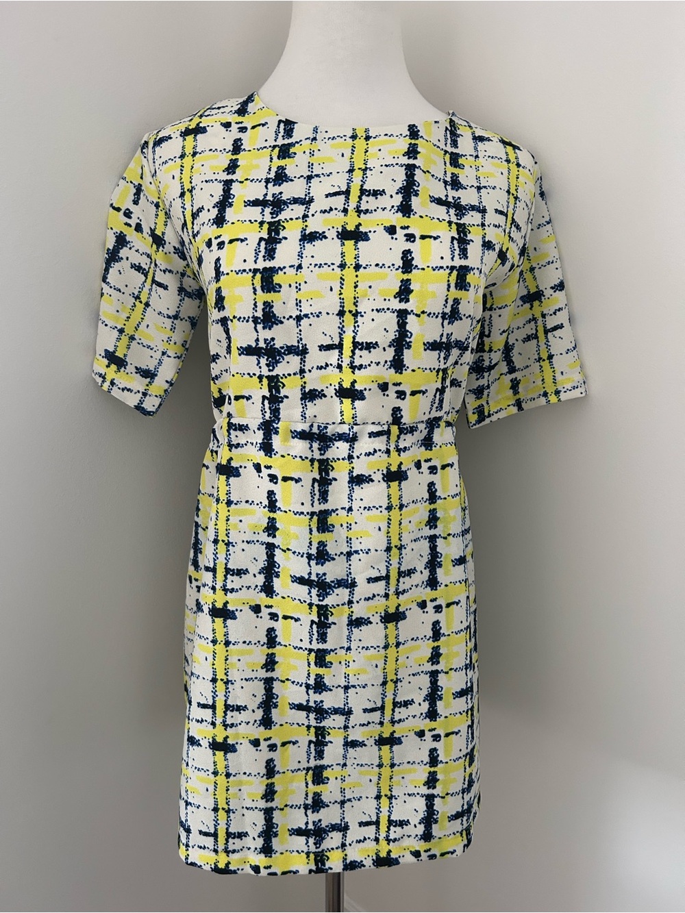 Yellow & Navy Plaid Print Shift Dress with Cutout Back Rope Tie